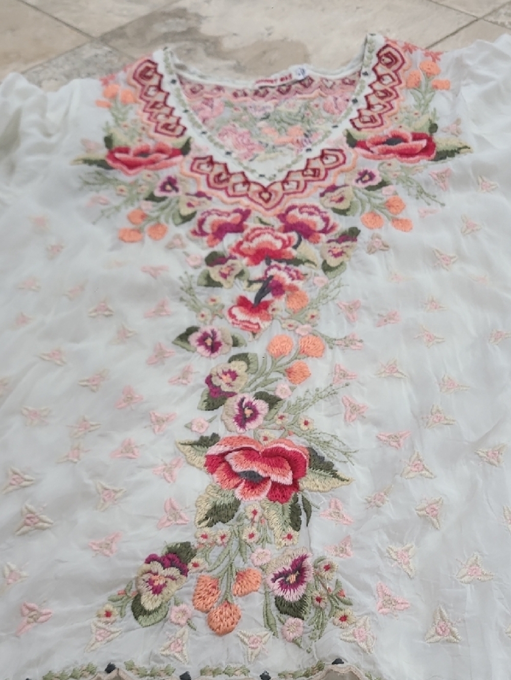Johnny Was White Tunic with Pink & Green Floral Embroidery